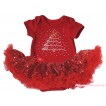 Christmas Red Baby Bodysuit Bling Red Sequins Pettiskirt & Sparkle Rhinestone Christmas Tree Print JS4894